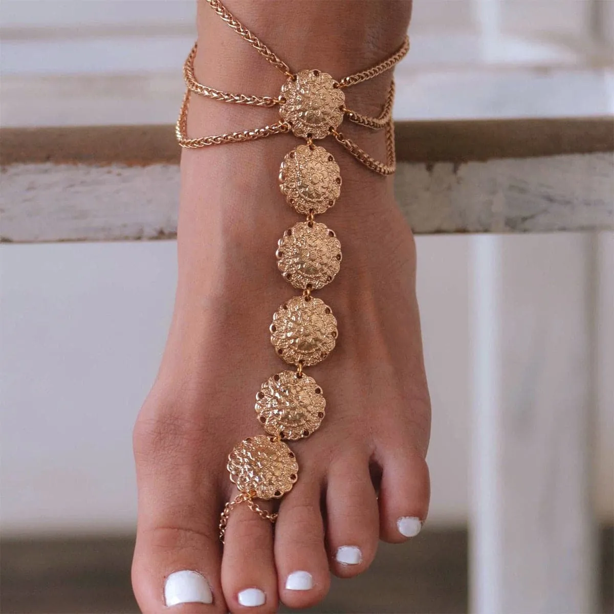 18K Gold-Plated Floral Round Plate Ankle-To-Ring Anklet