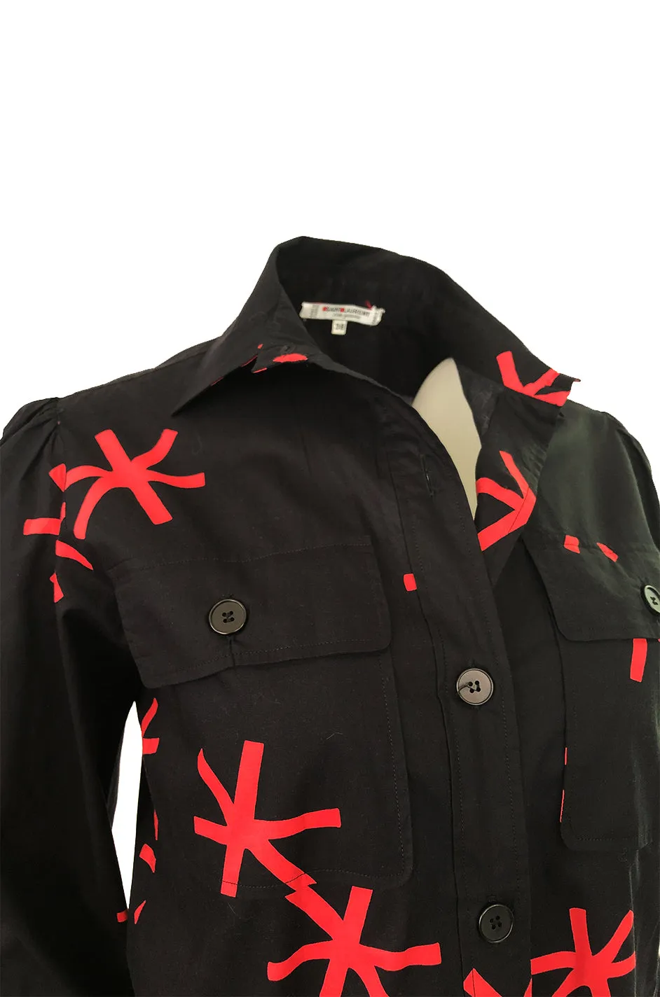 1970s Yves Saint Laurent  Black and Red Print Cotton Top w Pockets