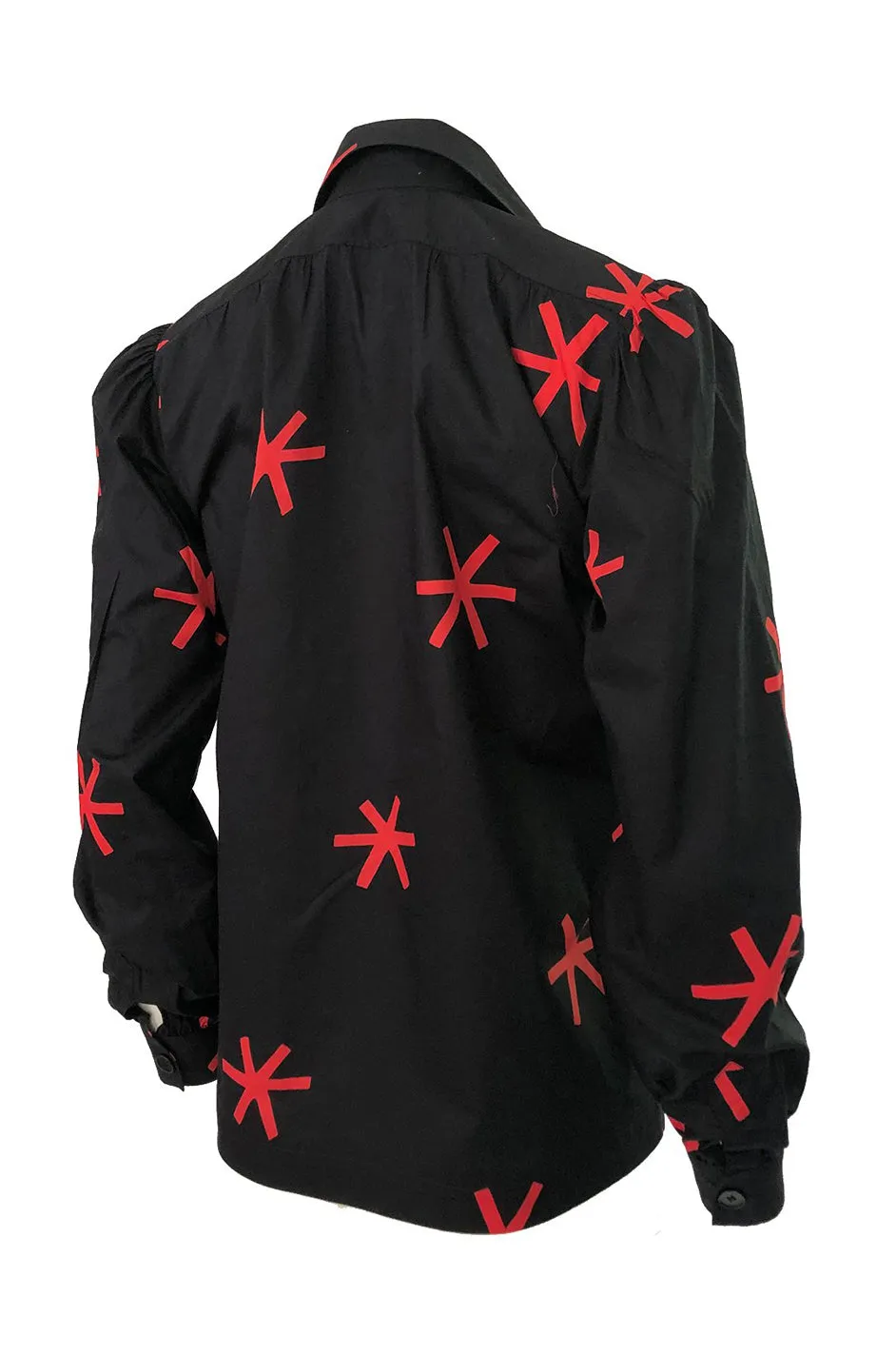 1970s Yves Saint Laurent  Black and Red Print Cotton Top w Pockets