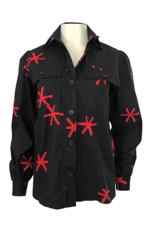 1970s Yves Saint Laurent  Black and Red Print Cotton Top w Pockets