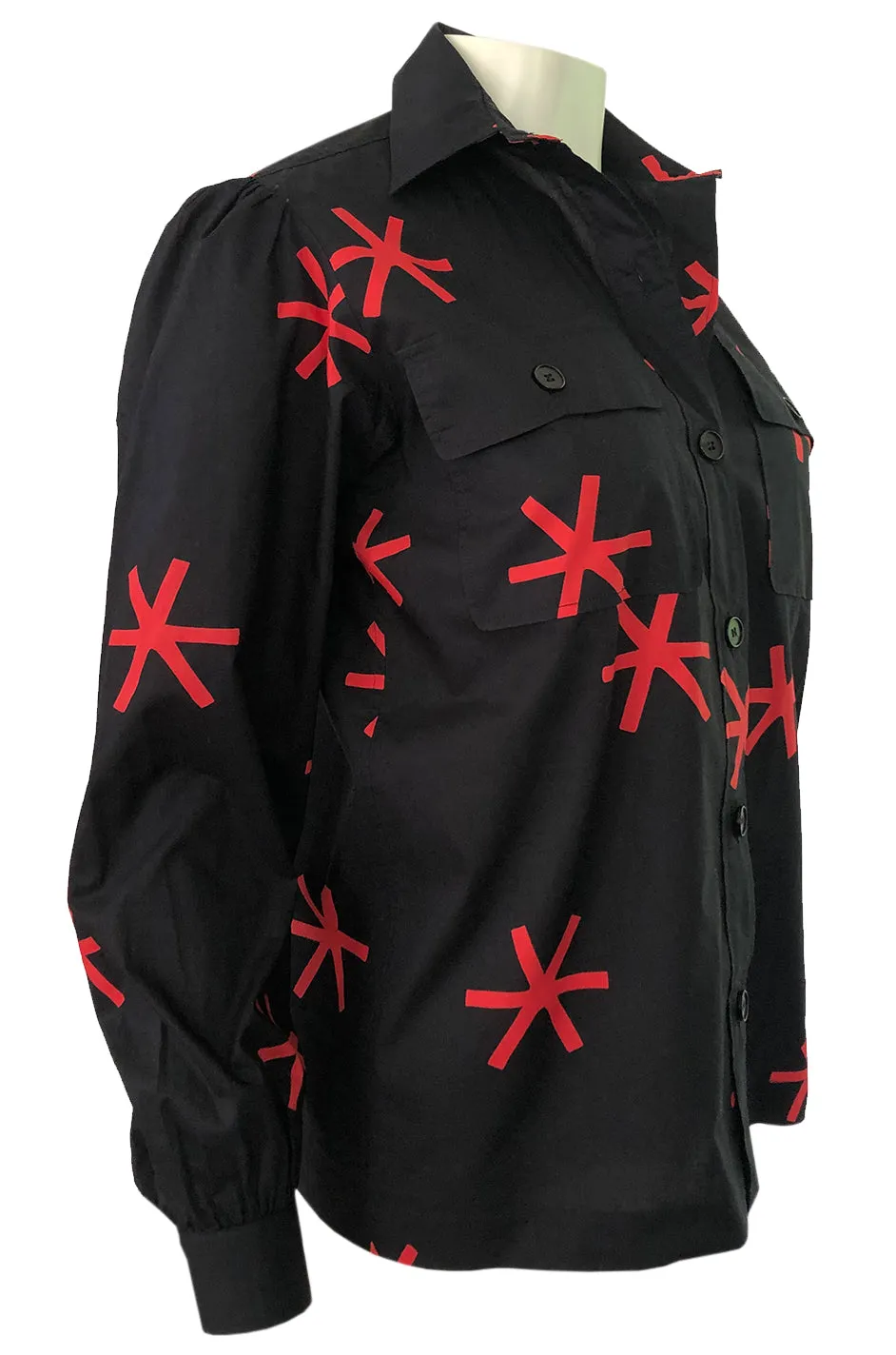 1970s Yves Saint Laurent  Black and Red Print Cotton Top w Pockets