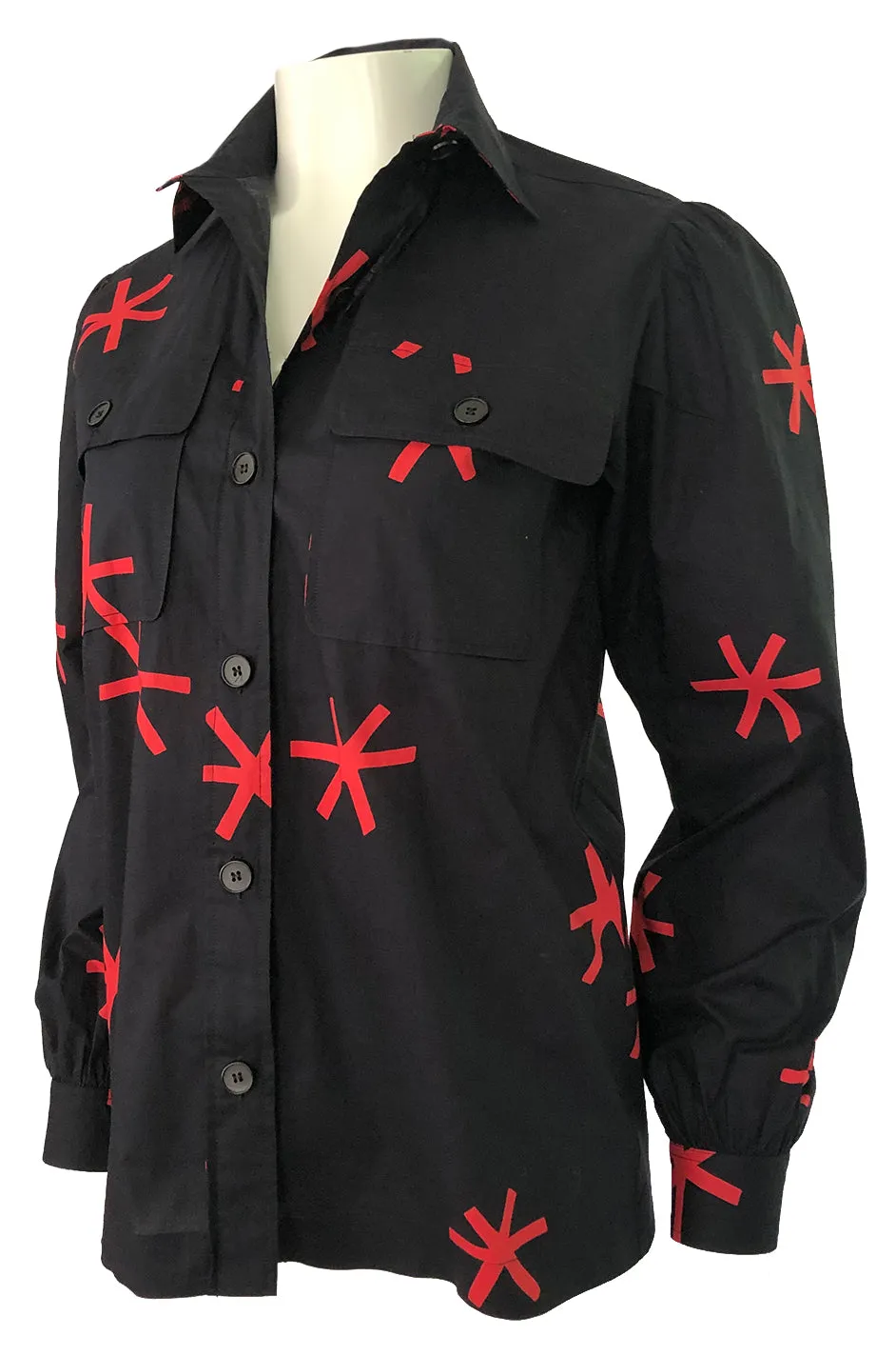 1970s Yves Saint Laurent  Black and Red Print Cotton Top w Pockets