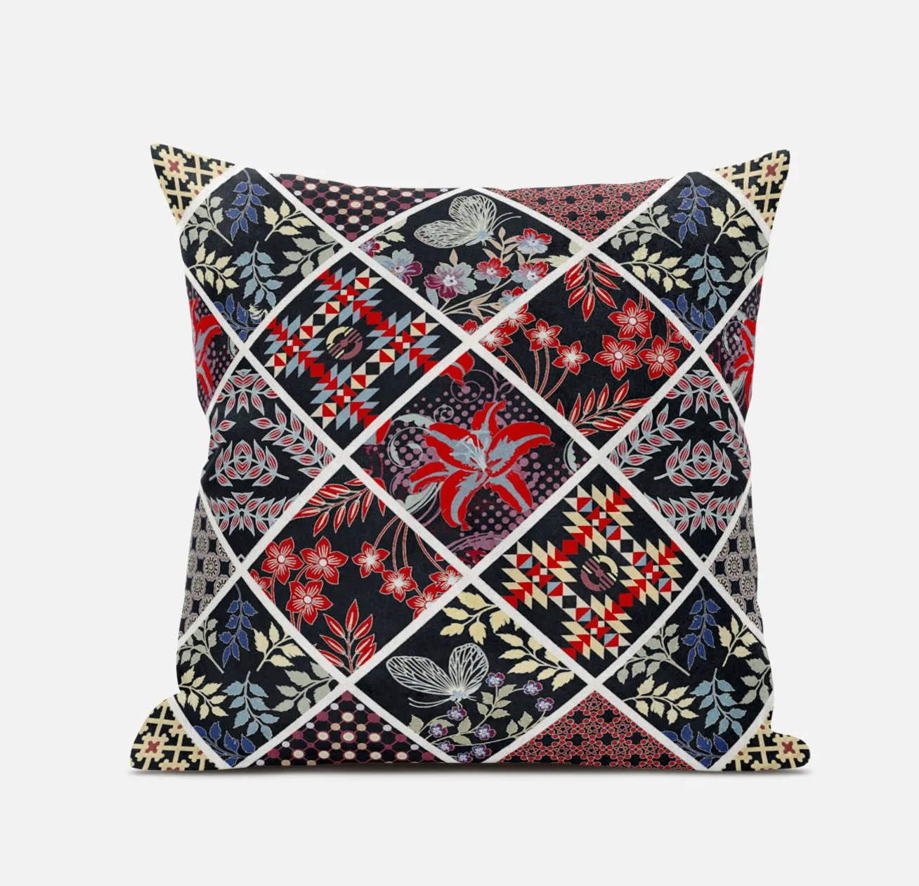 20” Black Red Patch Suede Zippered Throw Pillow