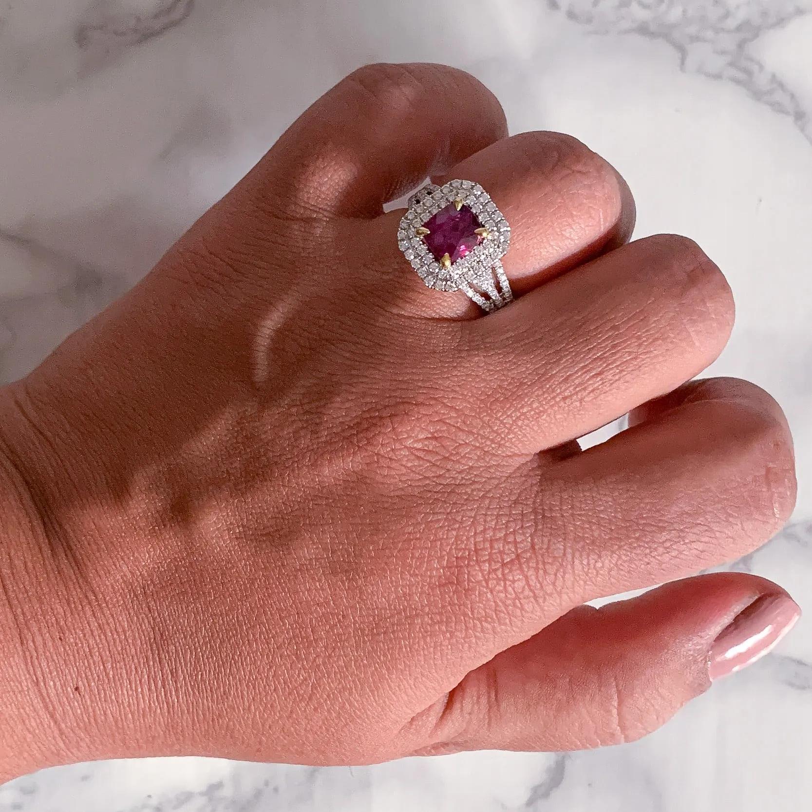 2.00ct Cushion Ruby Ring with Double Diamond Halo in 18K White Gold