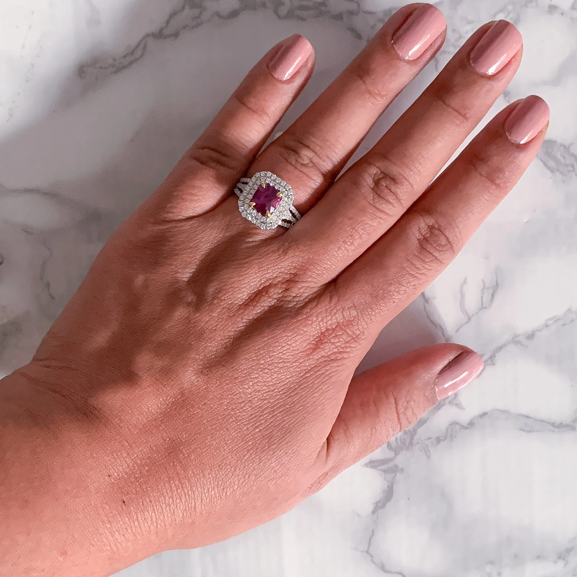 2.00ct Cushion Ruby Ring with Double Diamond Halo in 18K White Gold