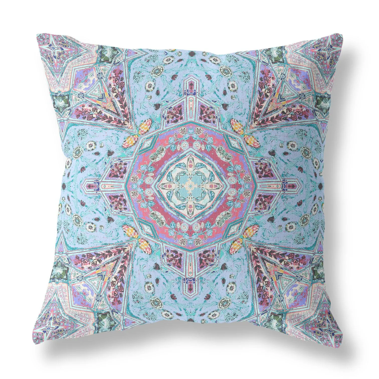 26” Blue Magenta Boho Floral Indoor Outdoor Throw Pillow