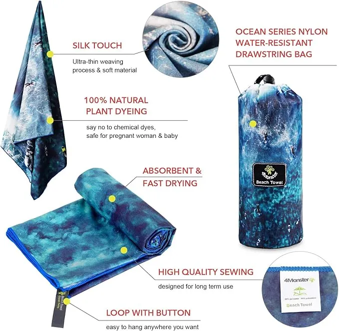4Monster Microfiber Beach Towel Quick Dry,Super Absorbent Lightweight Travel Towel for Swimmers, Sand Free Camping Towel, Beach Towels for Pool, Swim, Water Sports,Yoga,Gym,Backpacking