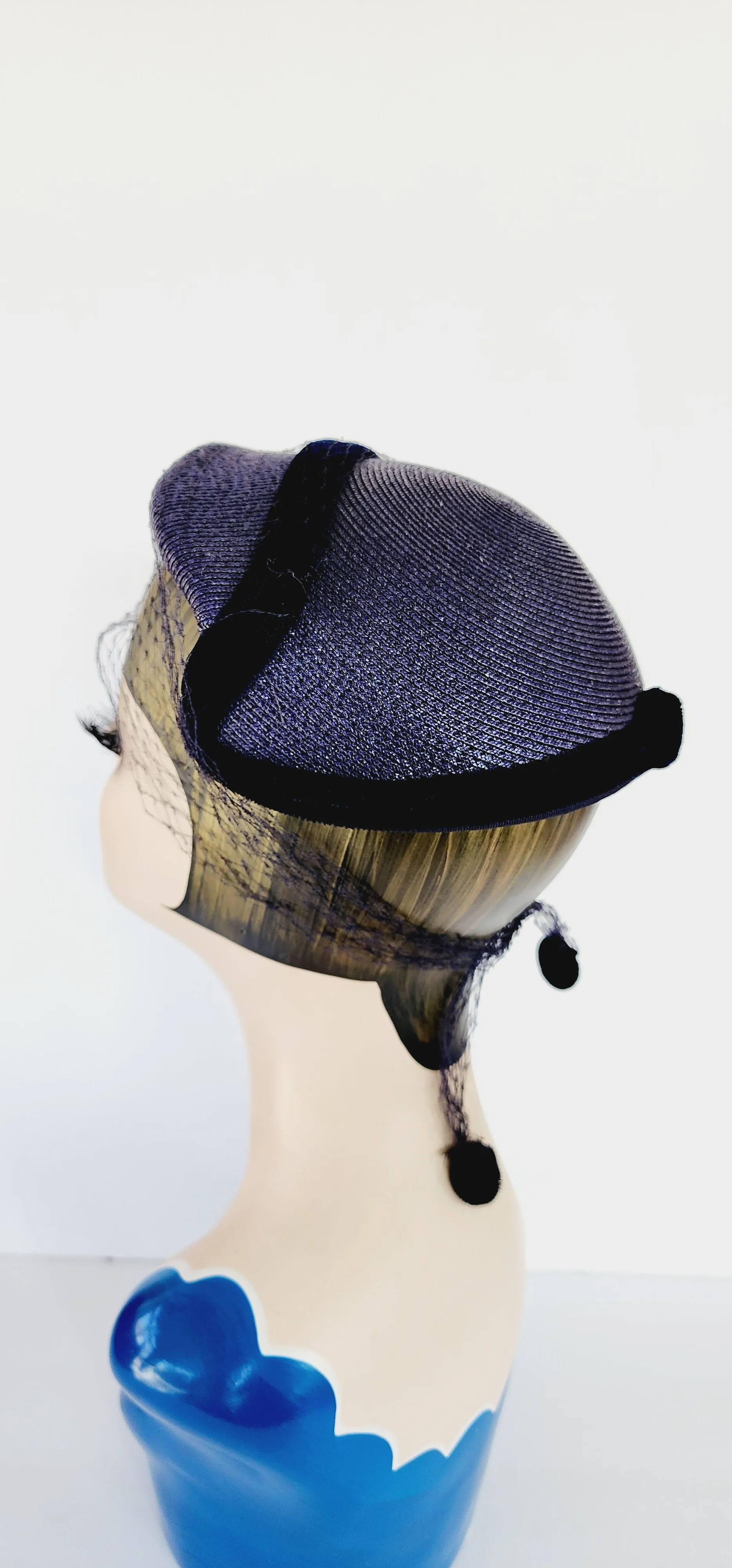 50s Navy Blue Straw Hat in the Close Style w/Velvet and Veil by Marshall Field