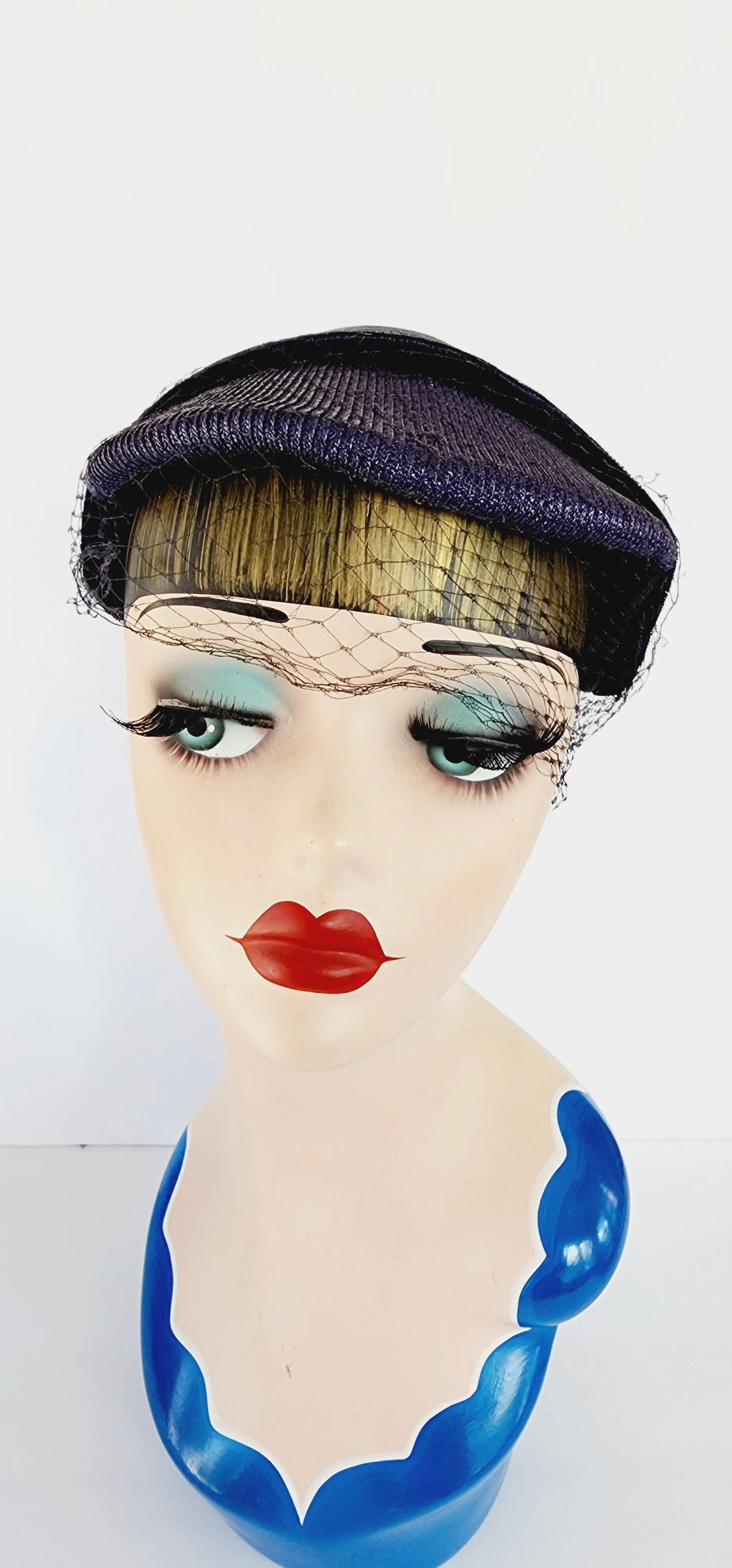 50s Navy Blue Straw Hat in the Close Style w/Velvet and Veil by Marshall Field