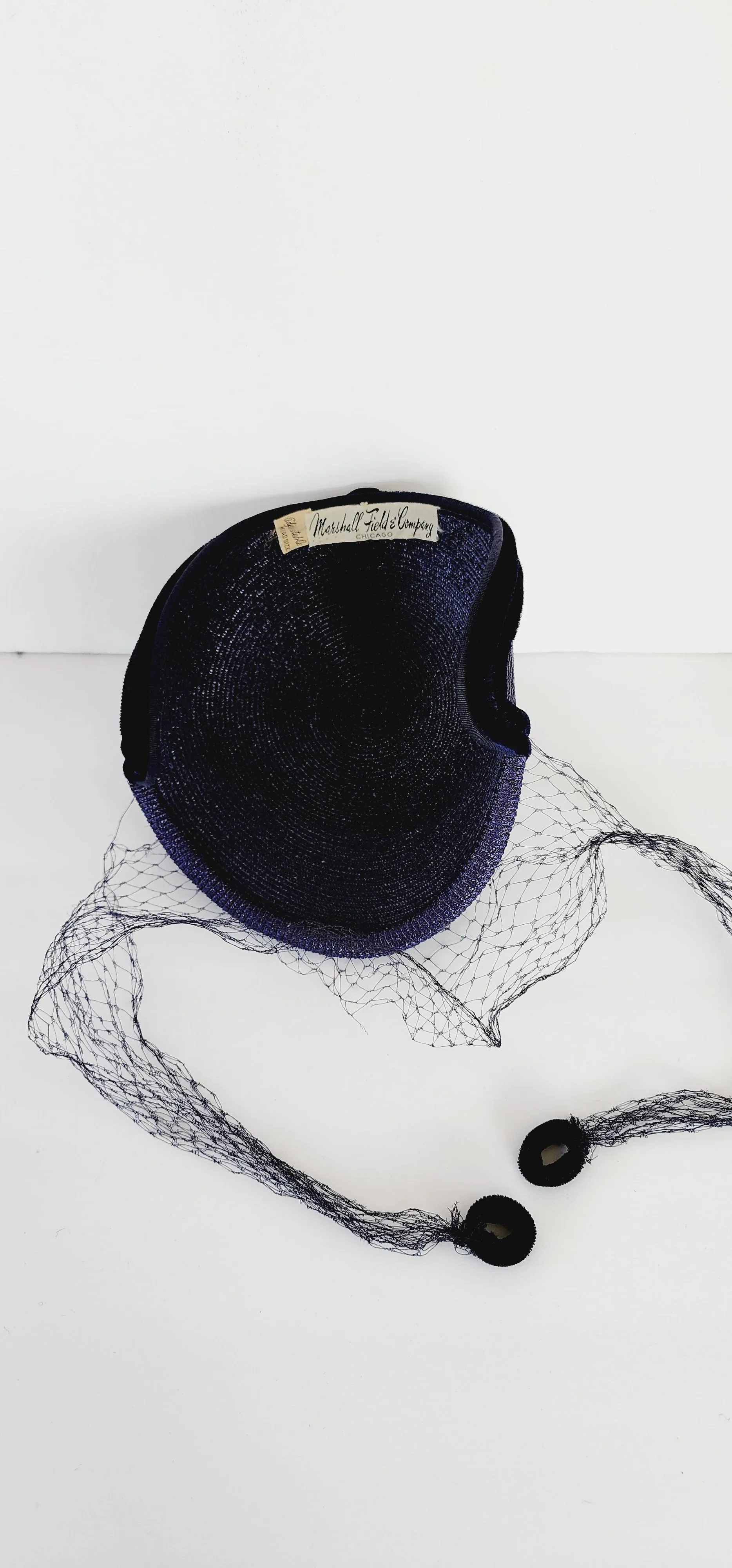 50s Navy Blue Straw Hat in the Close Style w/Velvet and Veil by Marshall Field