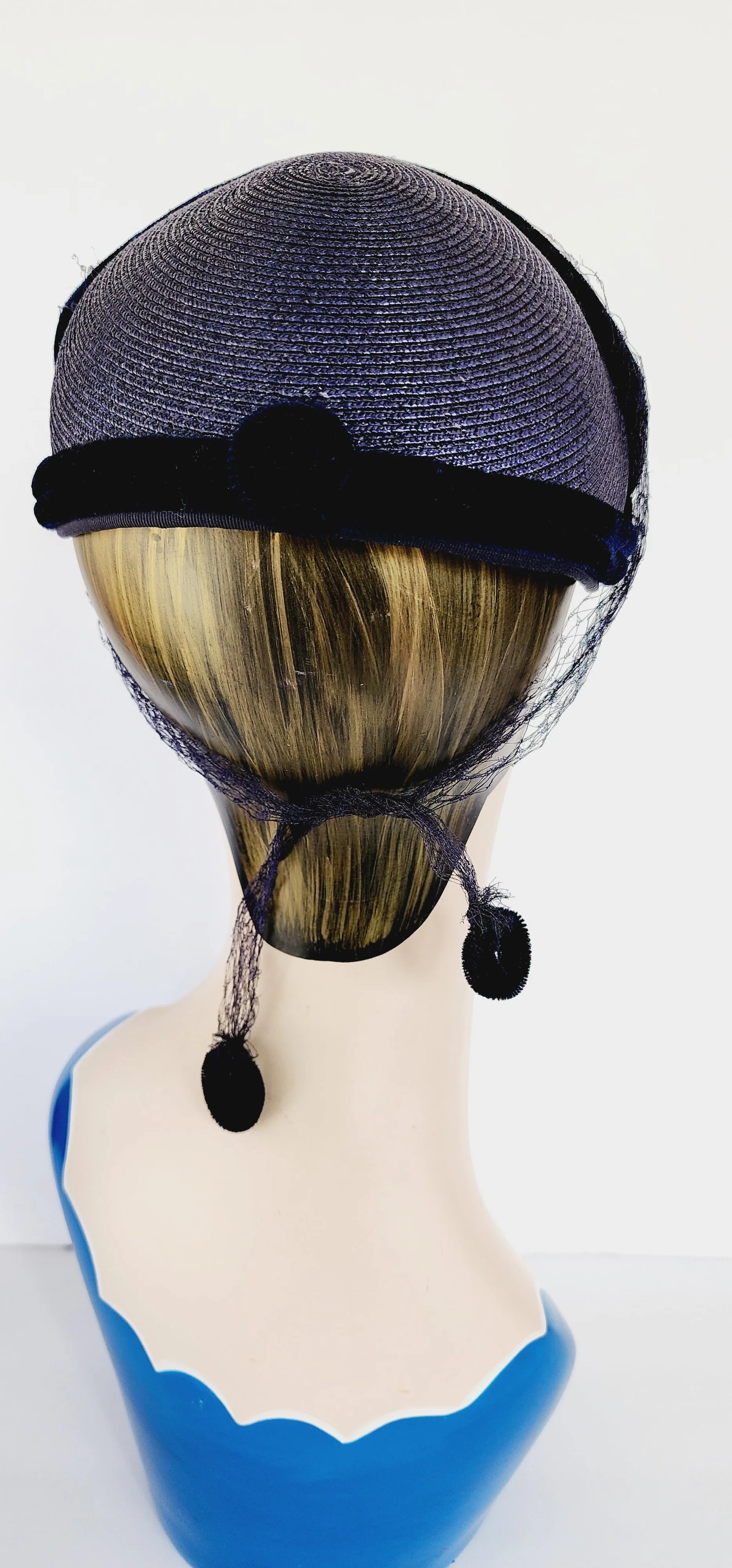 50s Navy Blue Straw Hat in the Close Style w/Velvet and Veil by Marshall Field