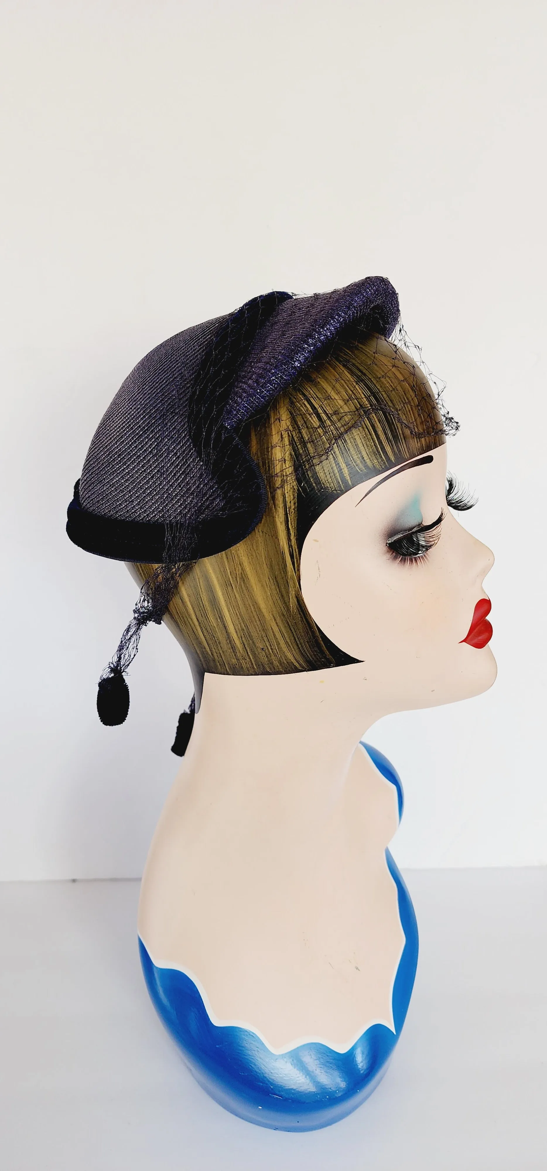 50s Navy Blue Straw Hat in the Close Style w/Velvet and Veil by Marshall Field