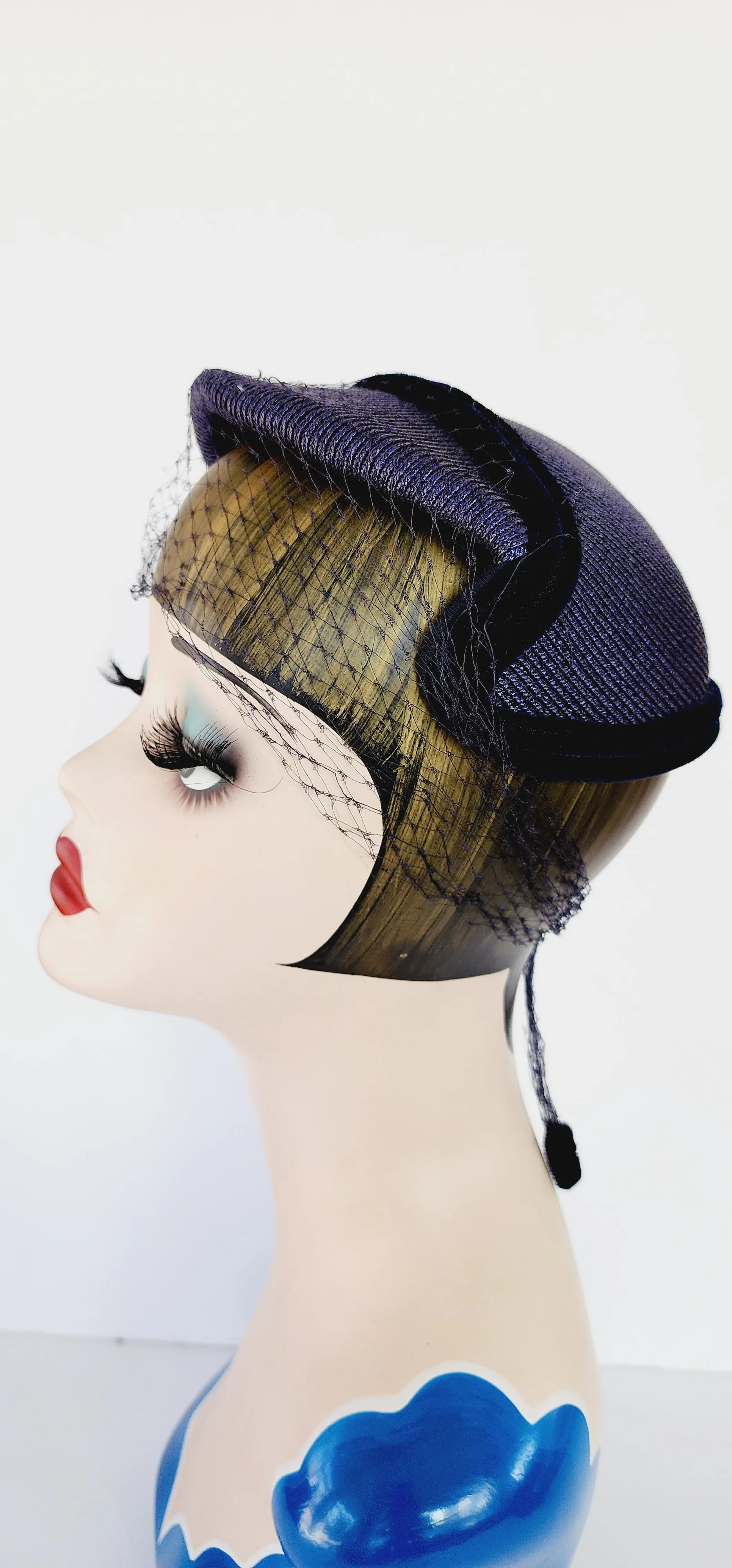 50s Navy Blue Straw Hat in the Close Style w/Velvet and Veil by Marshall Field
