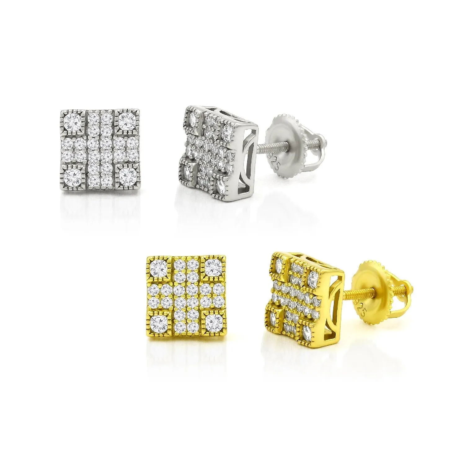 925 Sterling Silver Micro Pave Unisex Square 3D Screw Back Stud Earrings