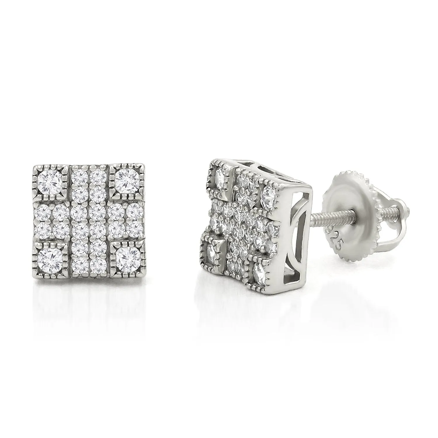 925 Sterling Silver Micro Pave Unisex Square 3D Screw Back Stud Earrings