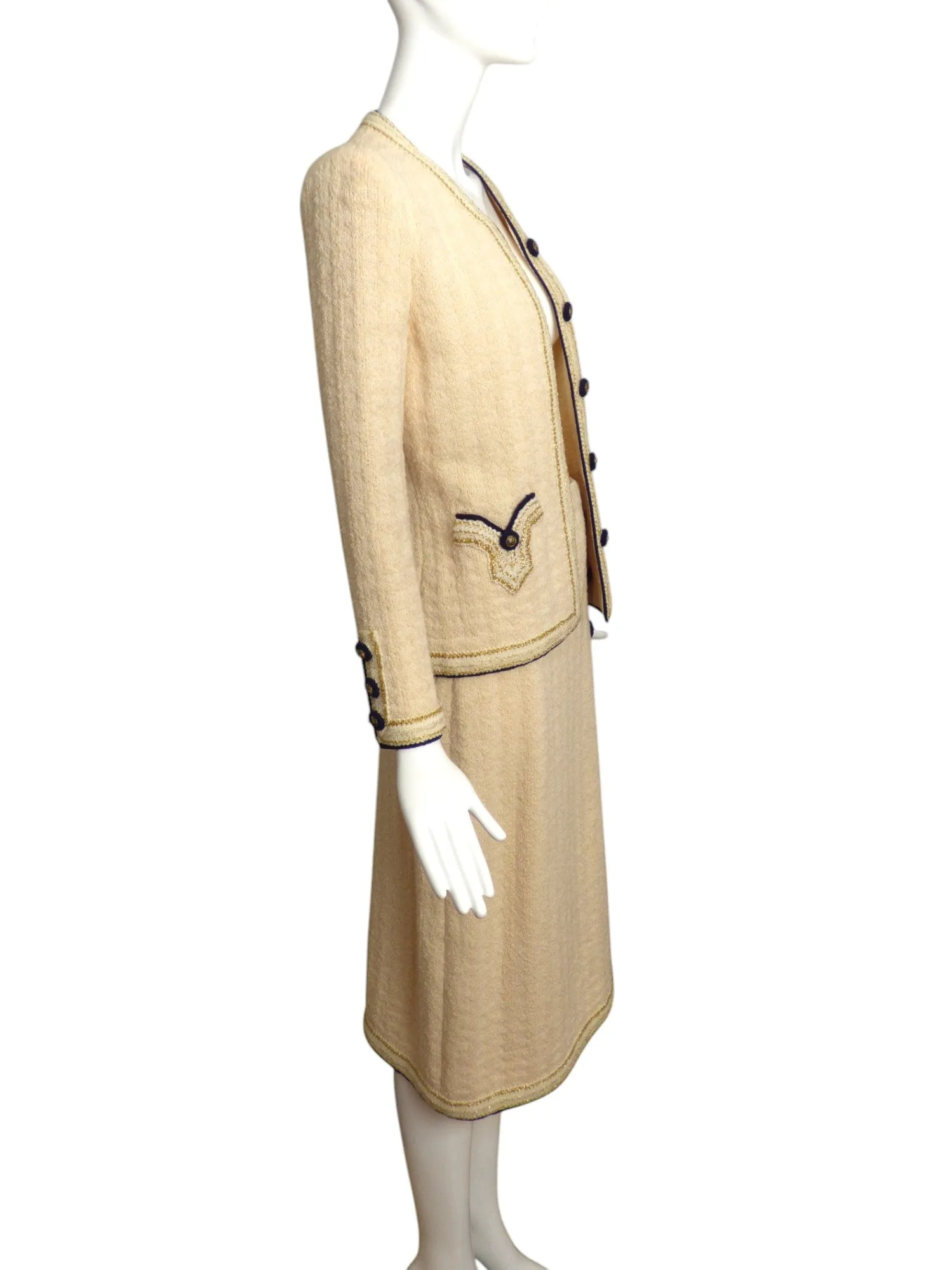 ADOLFO- 1970s Ivory Wool Knit Skirt Suit, Size 6