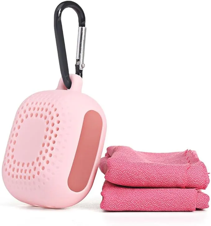 AKOAK Outdoor Travel Quick Drying 40CM Towel with Portable Creative Silicone Box, Microfiber Cold Sports Quick Drying Towel, Gym, Beach, Yoga, Sports Travel (Pink)