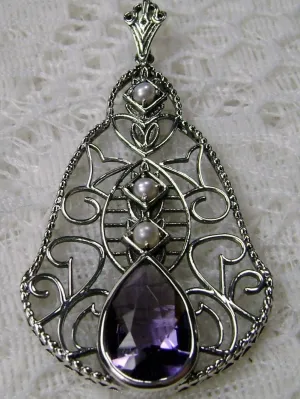 Amethyst Pendant, Pearl Accented Lavalier Necklace, Victorian Jewelry P22