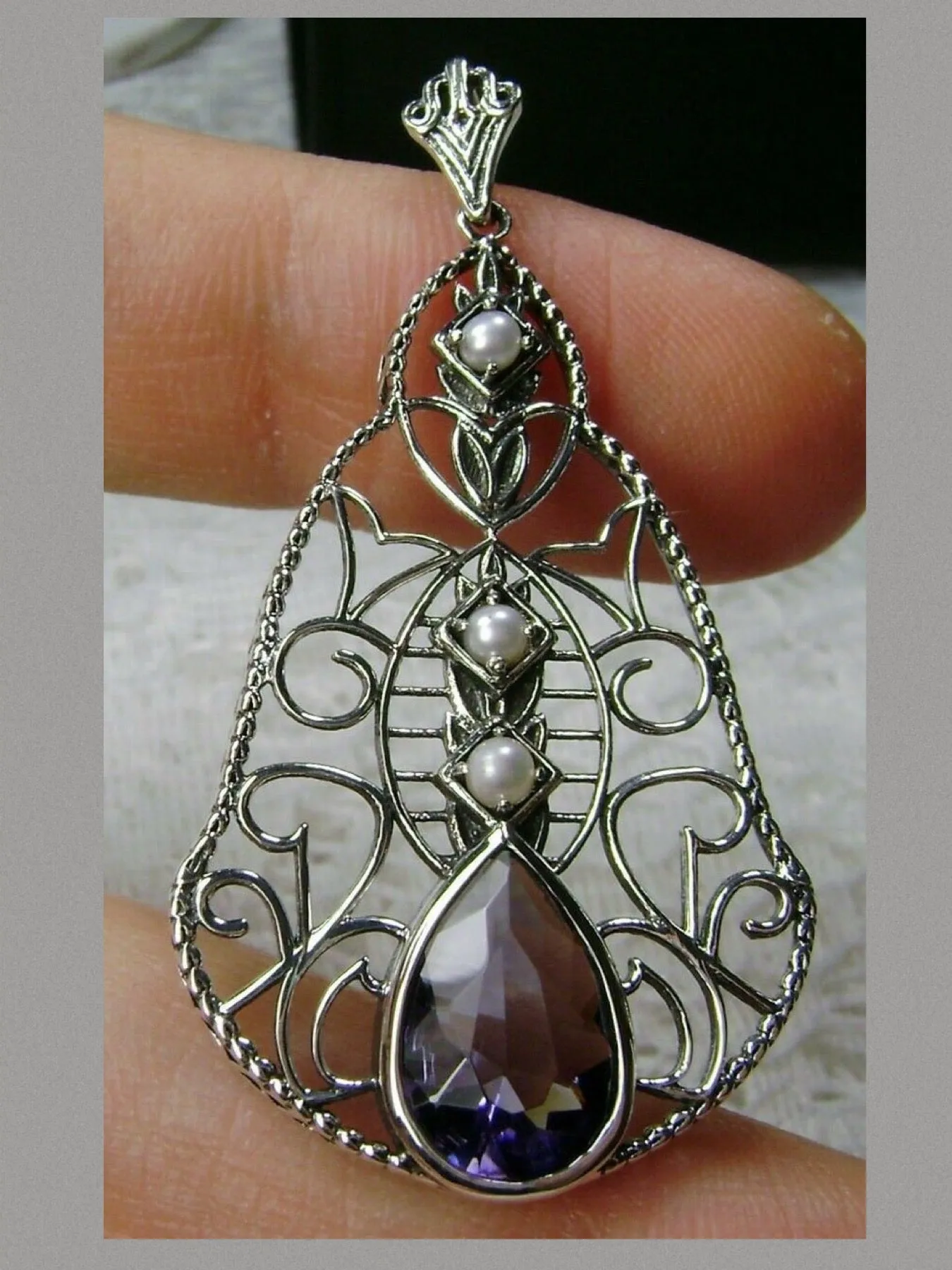 Amethyst Pendant, Pearl Accented Lavalier Necklace, Victorian Jewelry P22