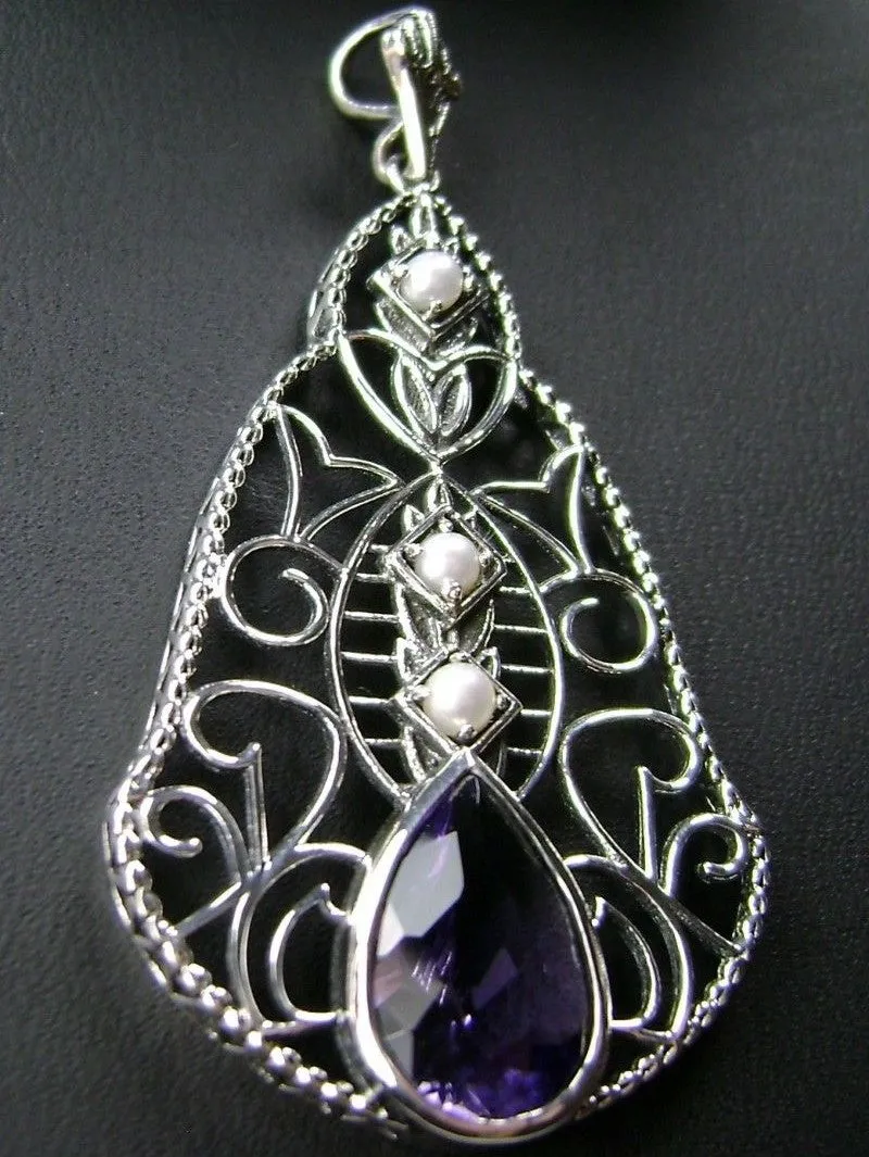Amethyst Pendant, Pearl Accented Lavalier Necklace, Victorian Jewelry P22