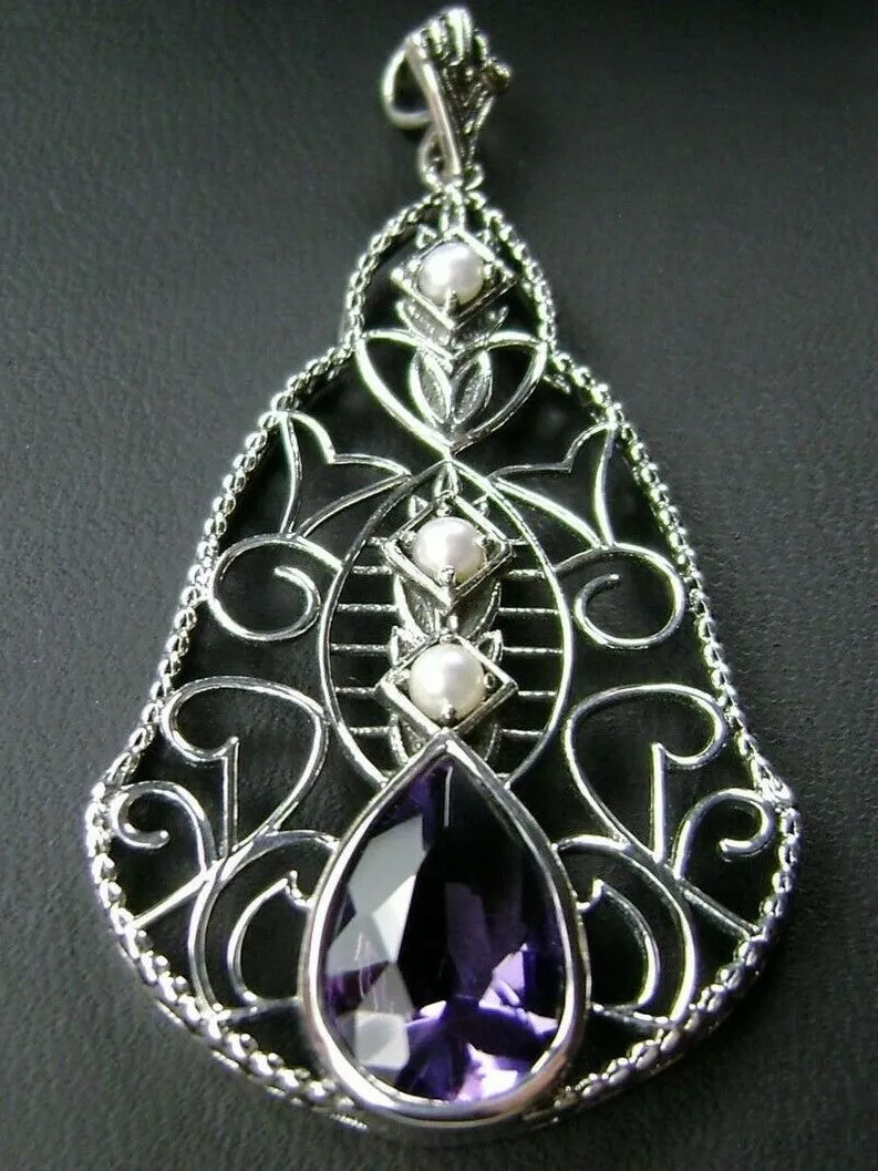 Amethyst Pendant, Pearl Accented Lavalier Necklace, Victorian Jewelry P22