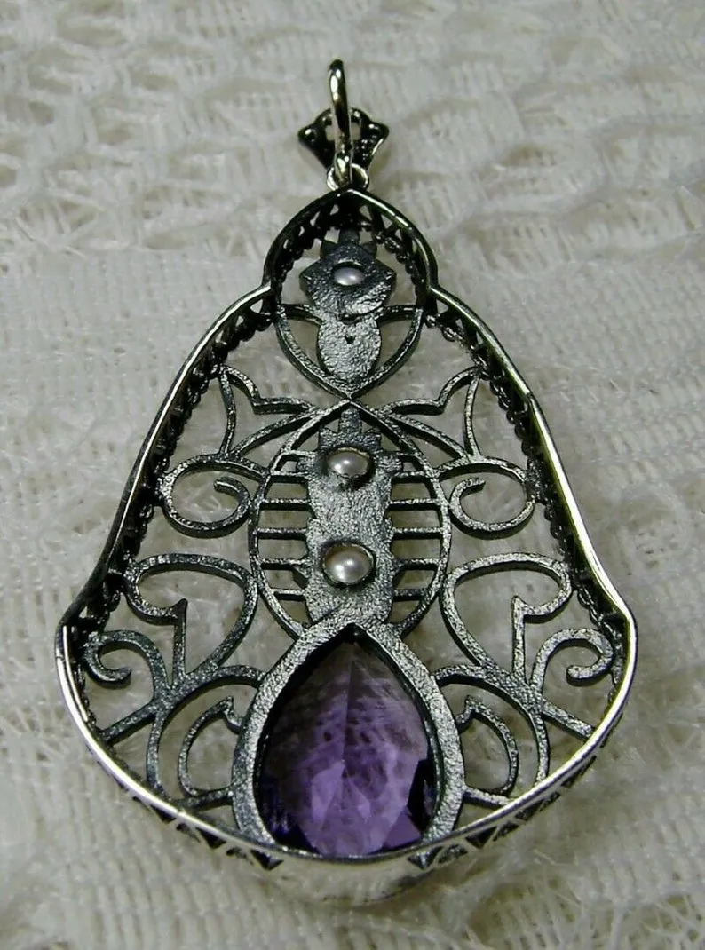 Amethyst Pendant, Pearl Accented Lavalier Necklace, Victorian Jewelry P22