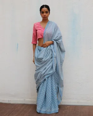 Amortentia Sky Blue Handblock Printed Cotton Saree