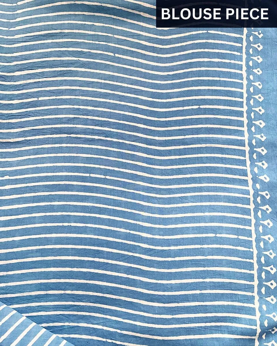 Amortentia Sky Blue Handblock Printed Cotton Saree