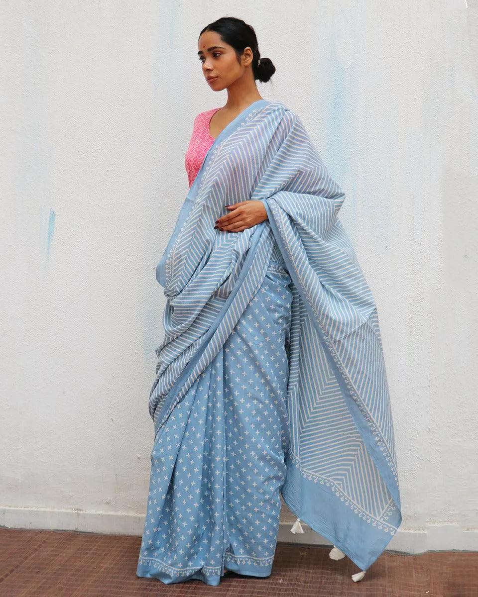 Amortentia Sky Blue Handblock Printed Cotton Saree