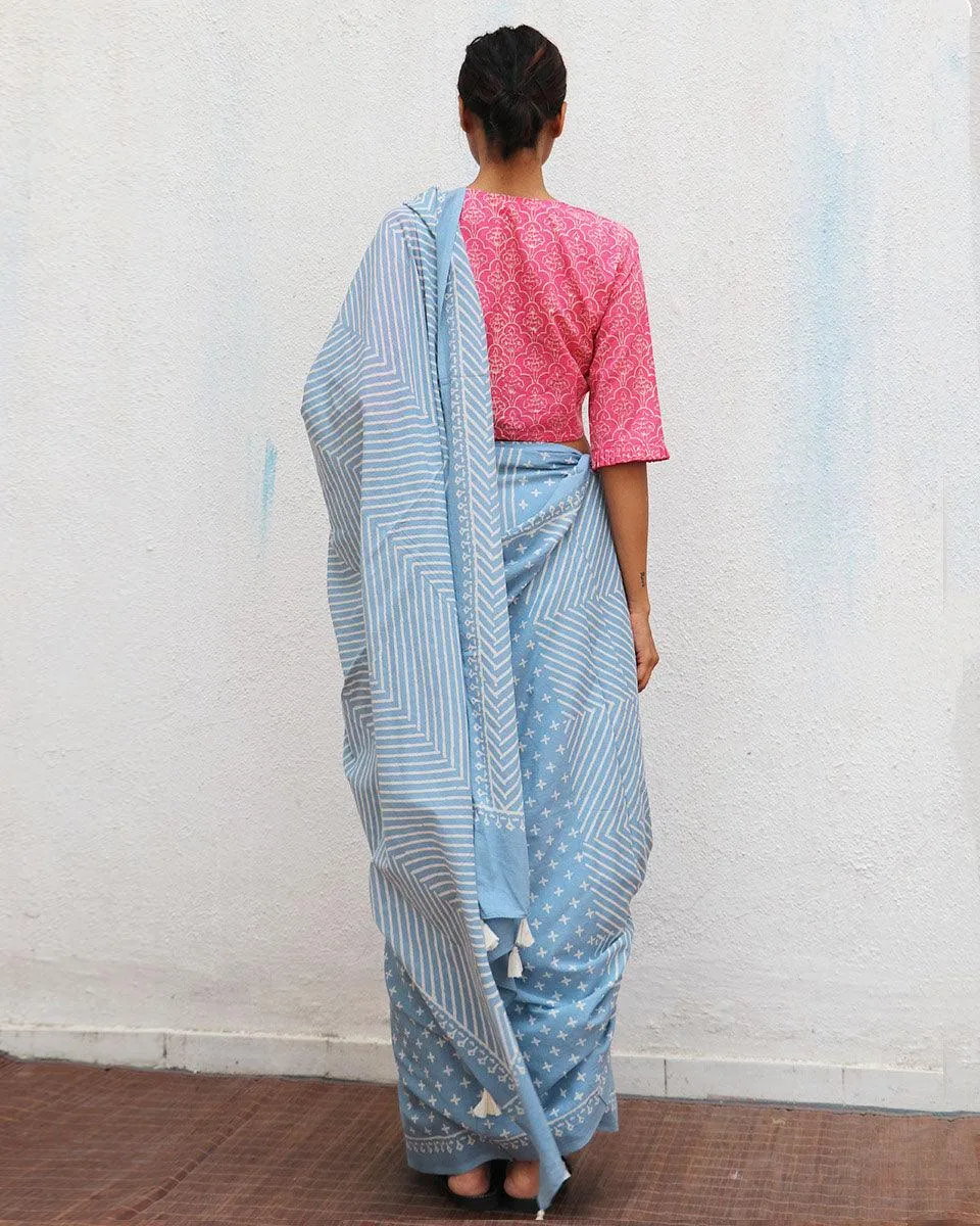 Amortentia Sky Blue Handblock Printed Cotton Saree