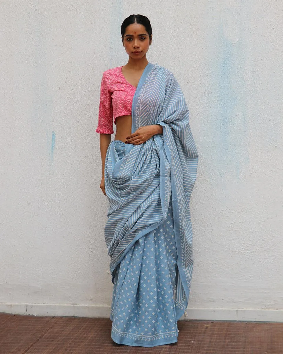 Amortentia Sky Blue Handblock Printed Cotton Saree