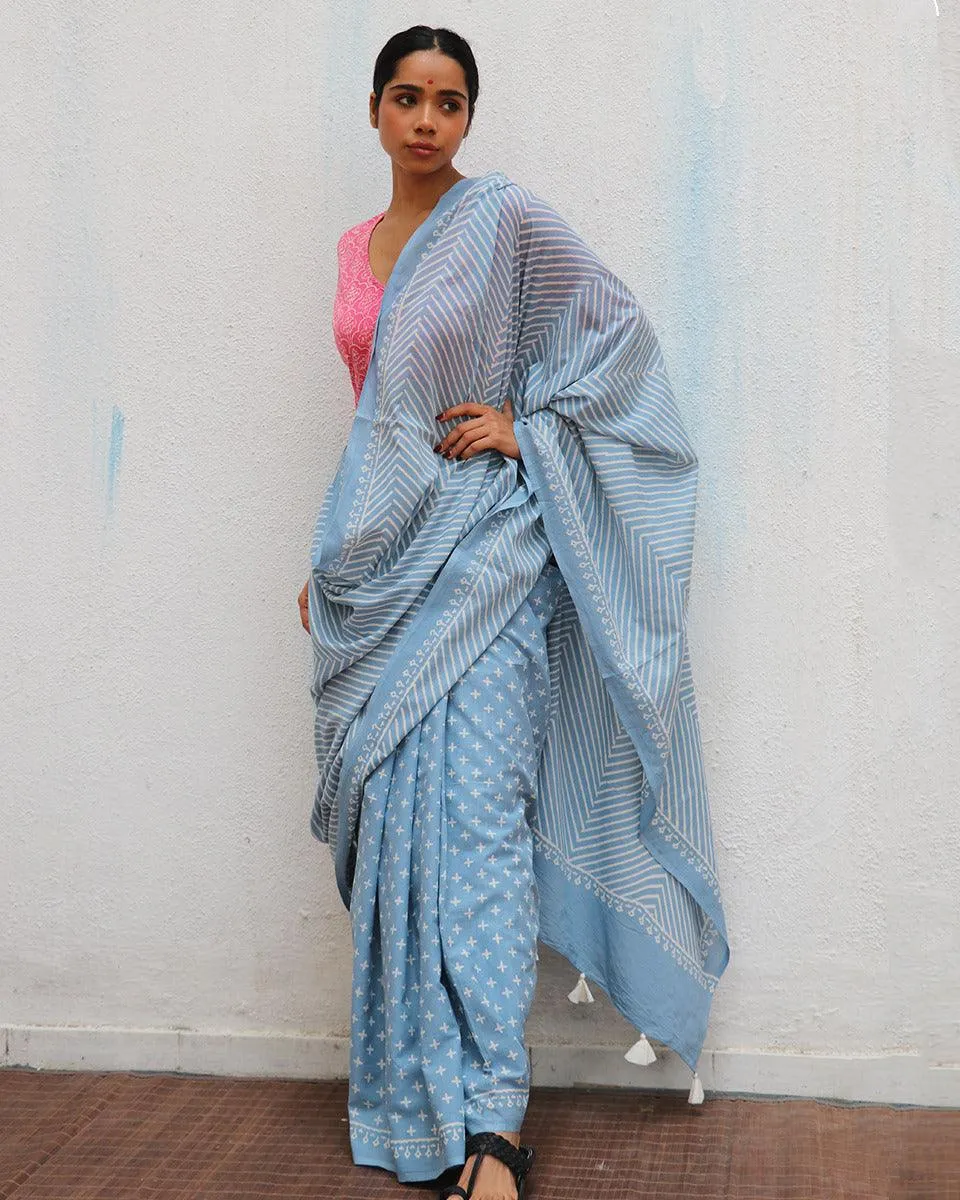 Amortentia Sky Blue Handblock Printed Cotton Saree