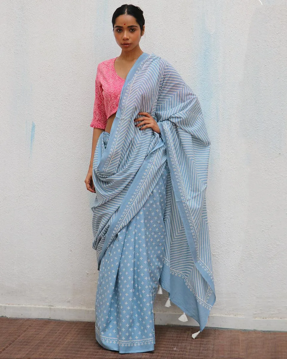 Amortentia Sky Blue Handblock Printed Cotton Saree