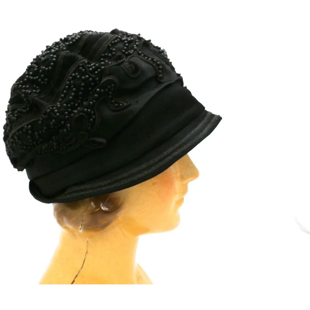 Antique Art Deco Vintage 1920s Ladies Cloche Hat Flapper Style Black Silk Beadwork Soutache Gorgeous Large 23