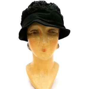 Antique Art Deco Vintage 1920s Ladies Cloche Hat Flapper Style Black Silk Beadwork Soutache Gorgeous Large 23