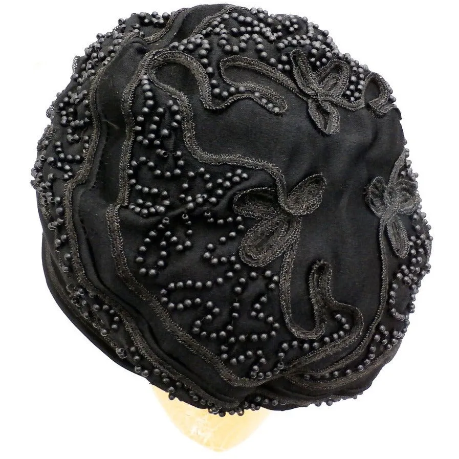Antique Art Deco Vintage 1920s Ladies Cloche Hat Flapper Style Black Silk Beadwork Soutache Gorgeous Large 23