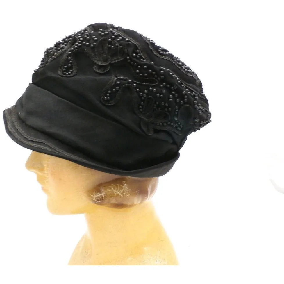 Antique Art Deco Vintage 1920s Ladies Cloche Hat Flapper Style Black Silk Beadwork Soutache Gorgeous Large 23