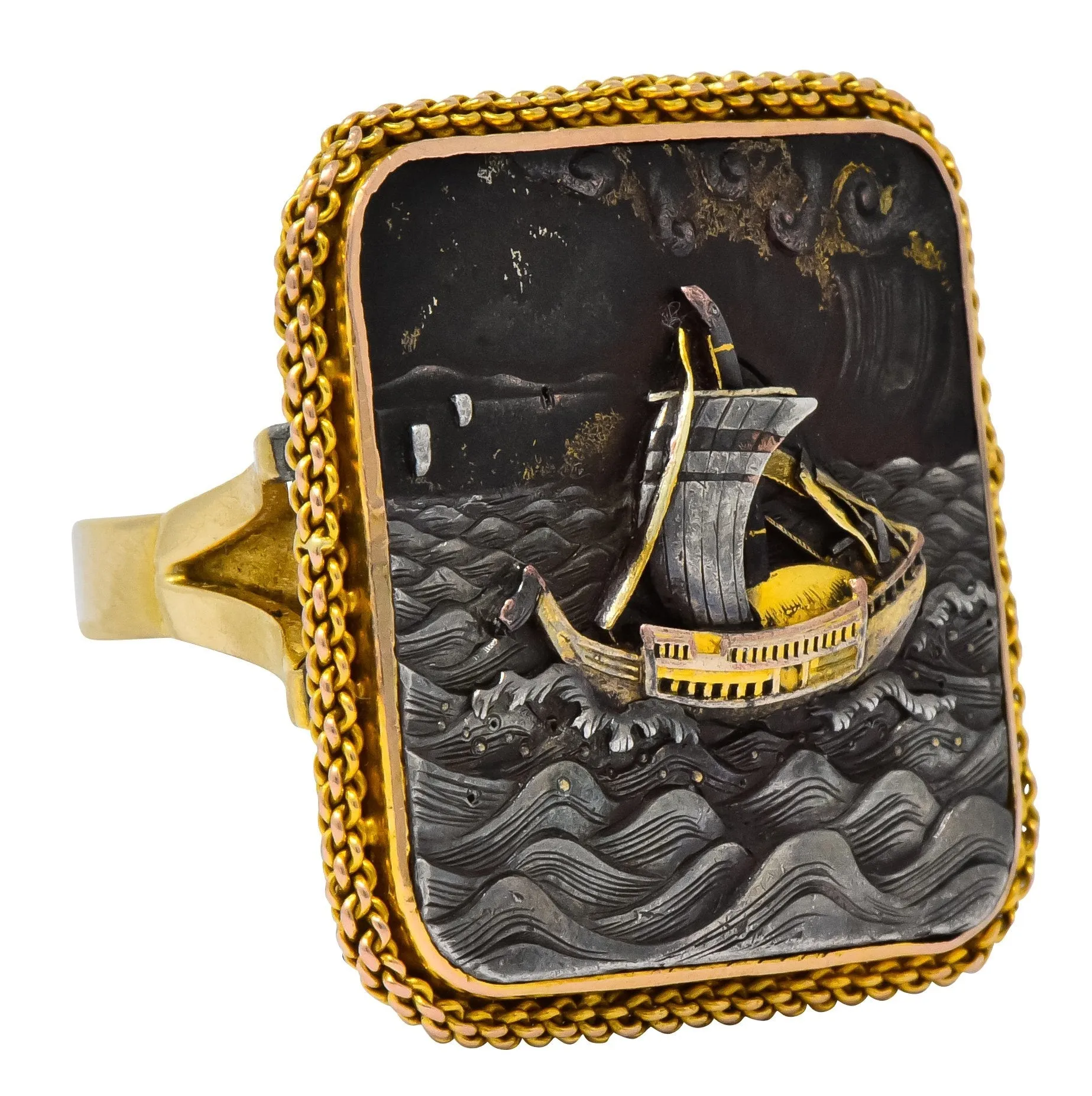 Antique Victorian 14 Karat Gold Copper Shakudō Ocean Ship Ring