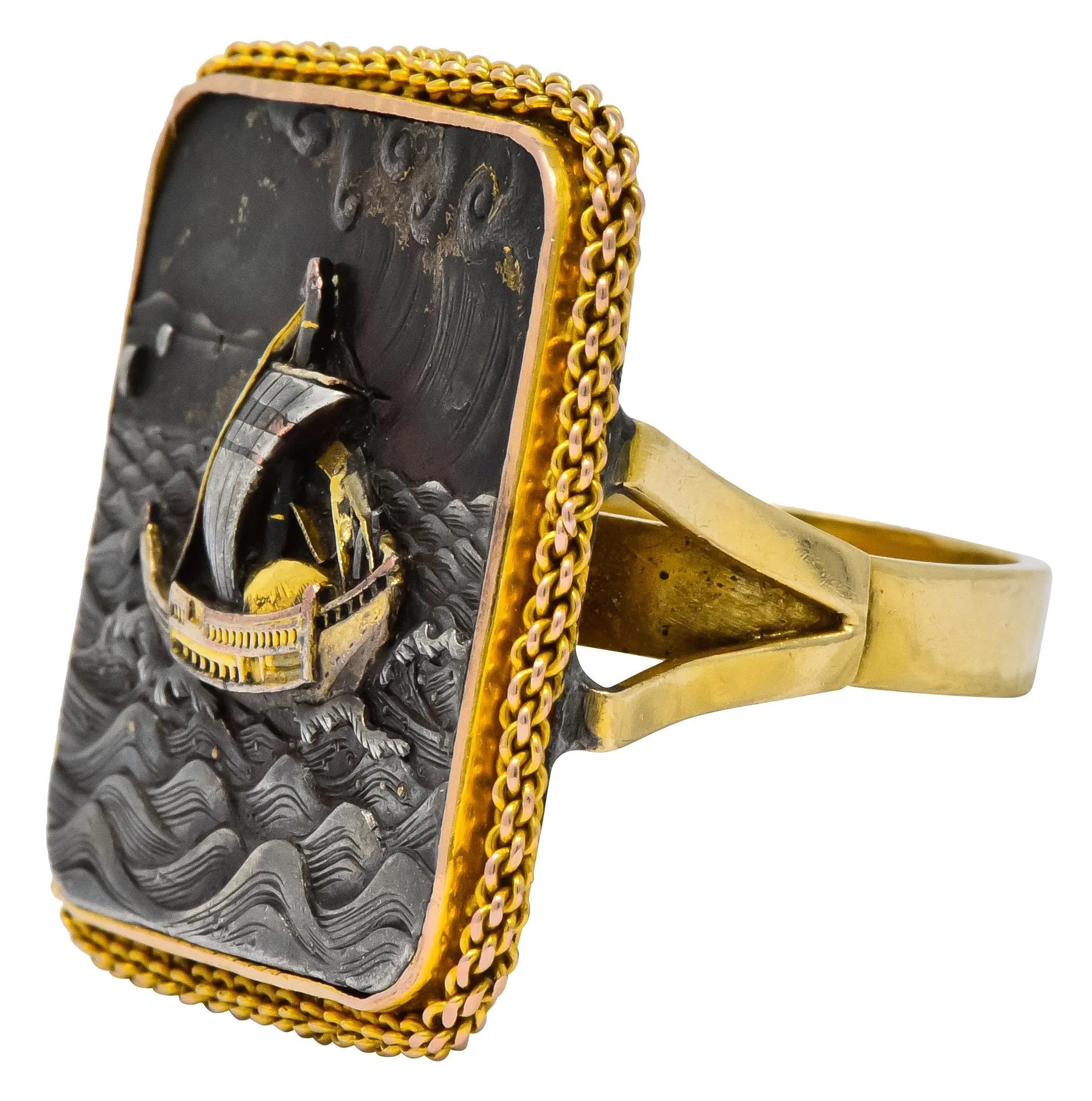 Antique Victorian 14 Karat Gold Copper Shakudō Ocean Ship Ring