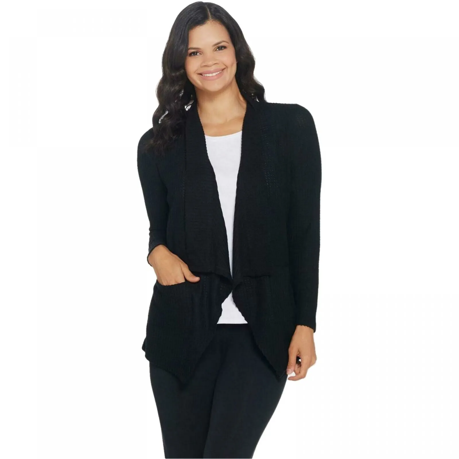 AnyBody Women's Brushed Waffle Knit Waterfall Cardigan with Pockets