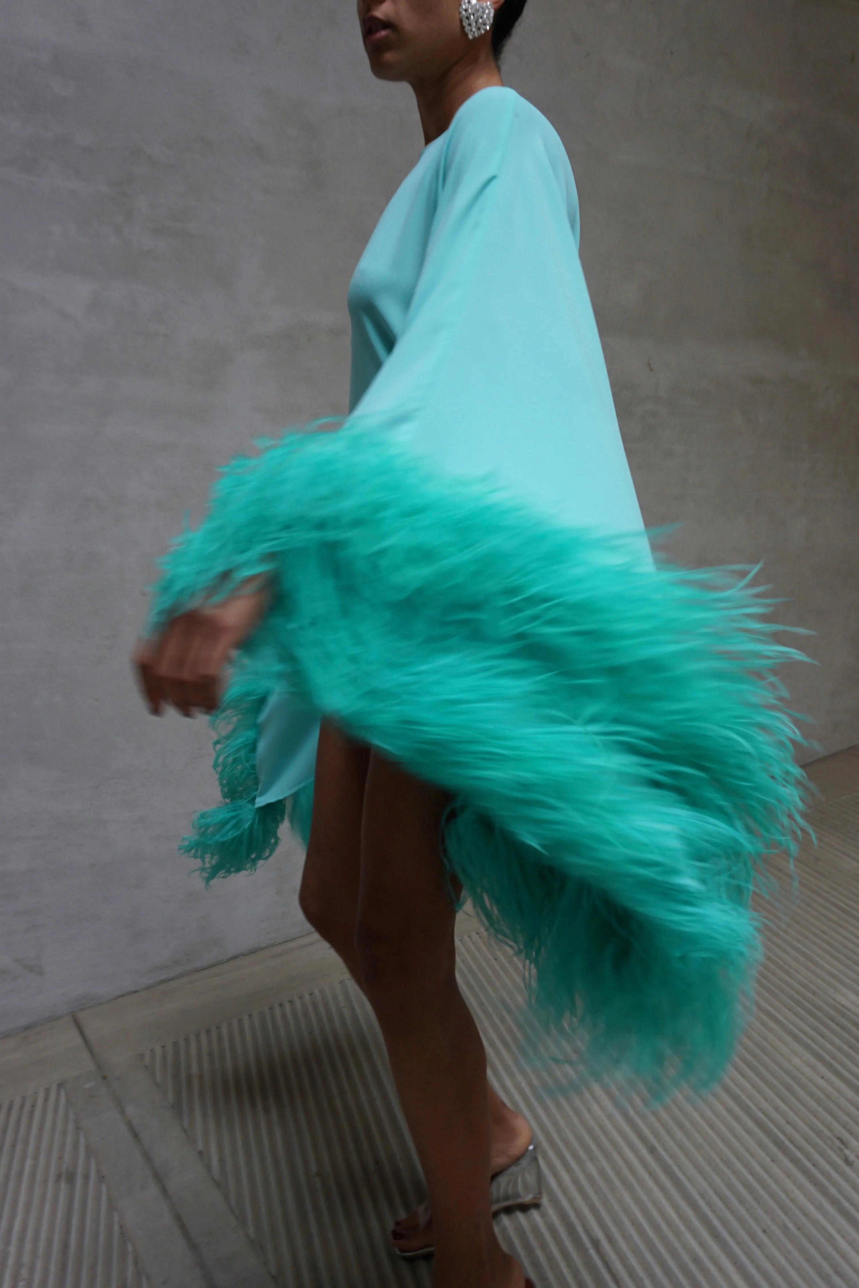 Aqua Feather Trimmed Kaftan