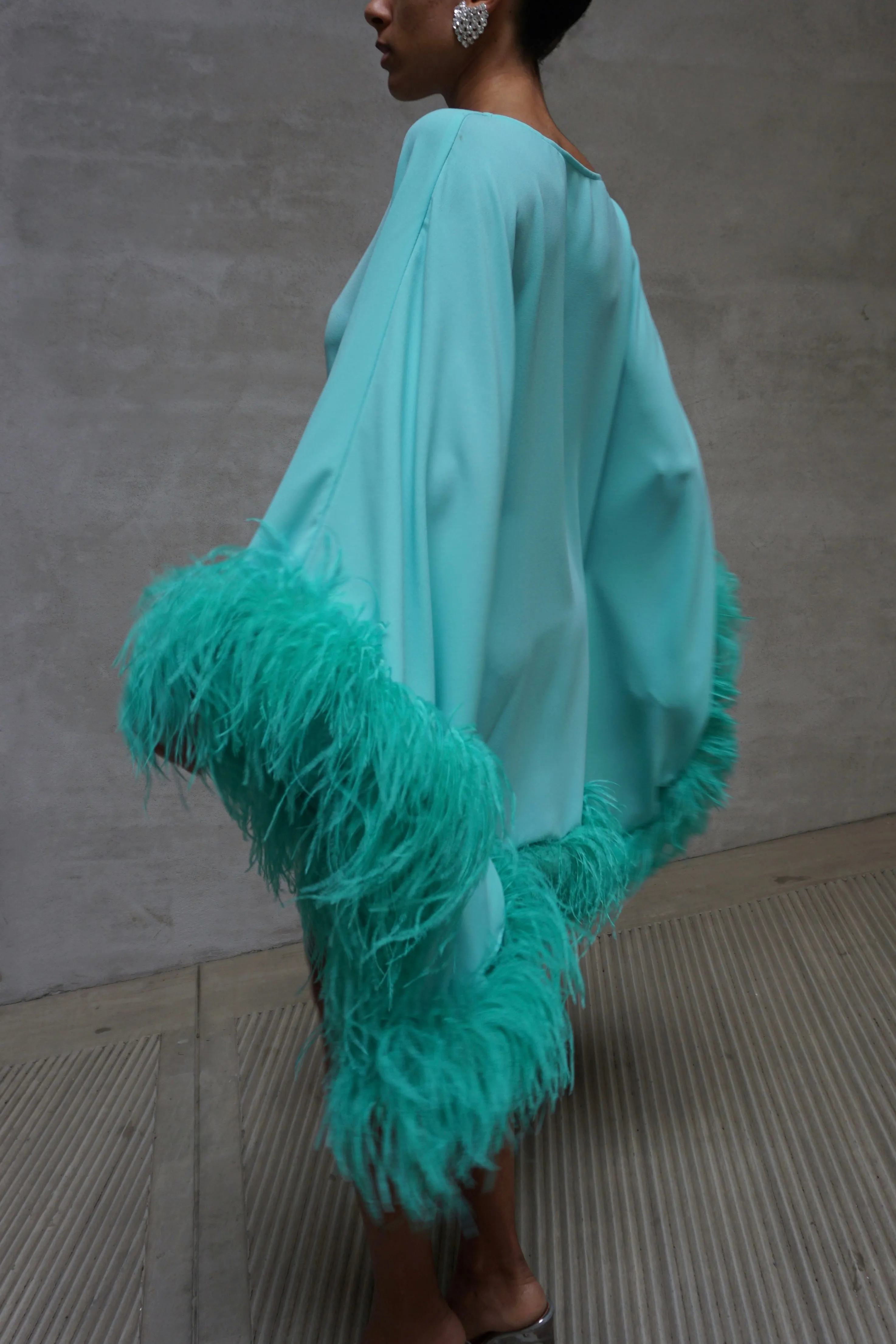 Aqua Feather Trimmed Kaftan
