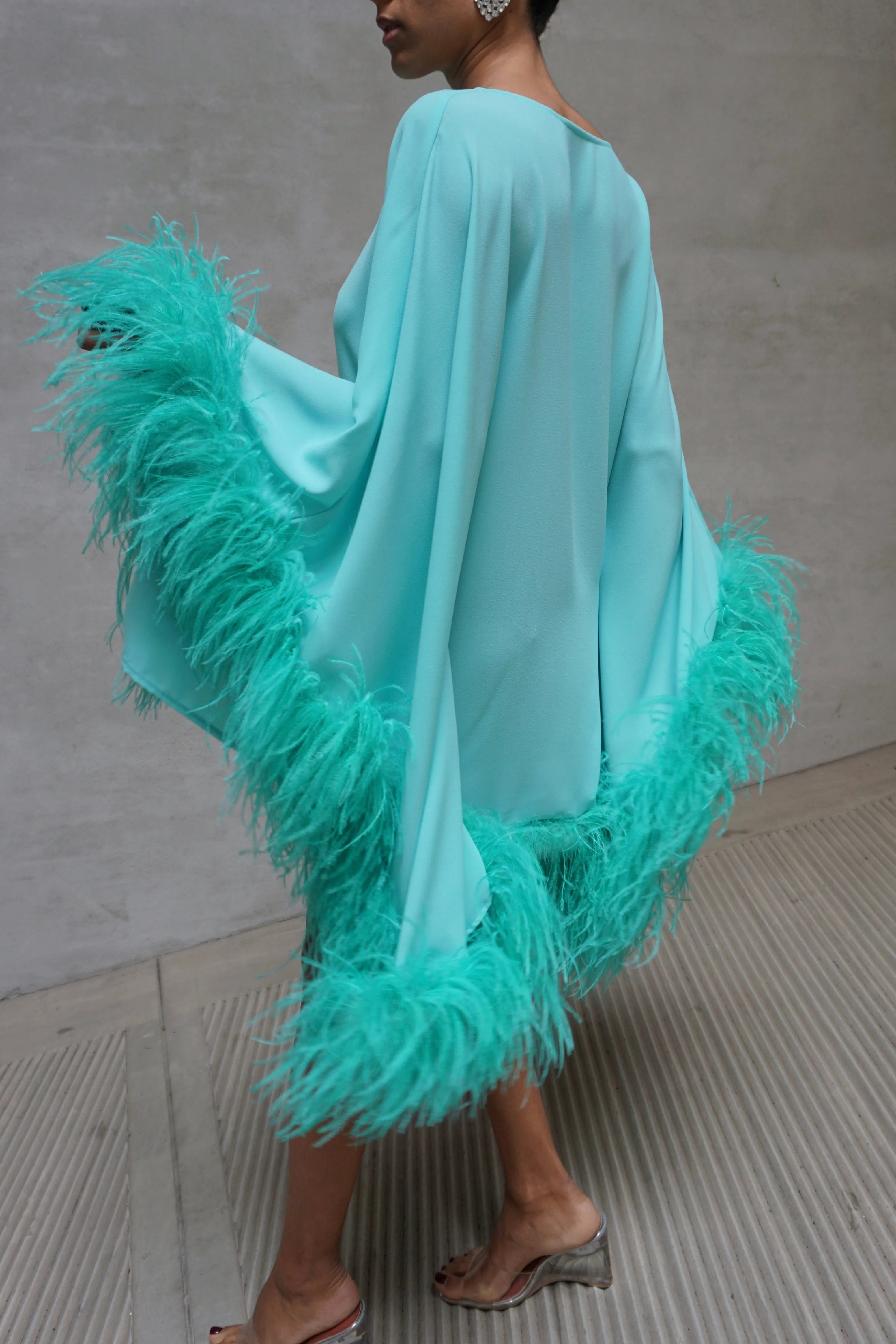 Aqua Feather Trimmed Kaftan