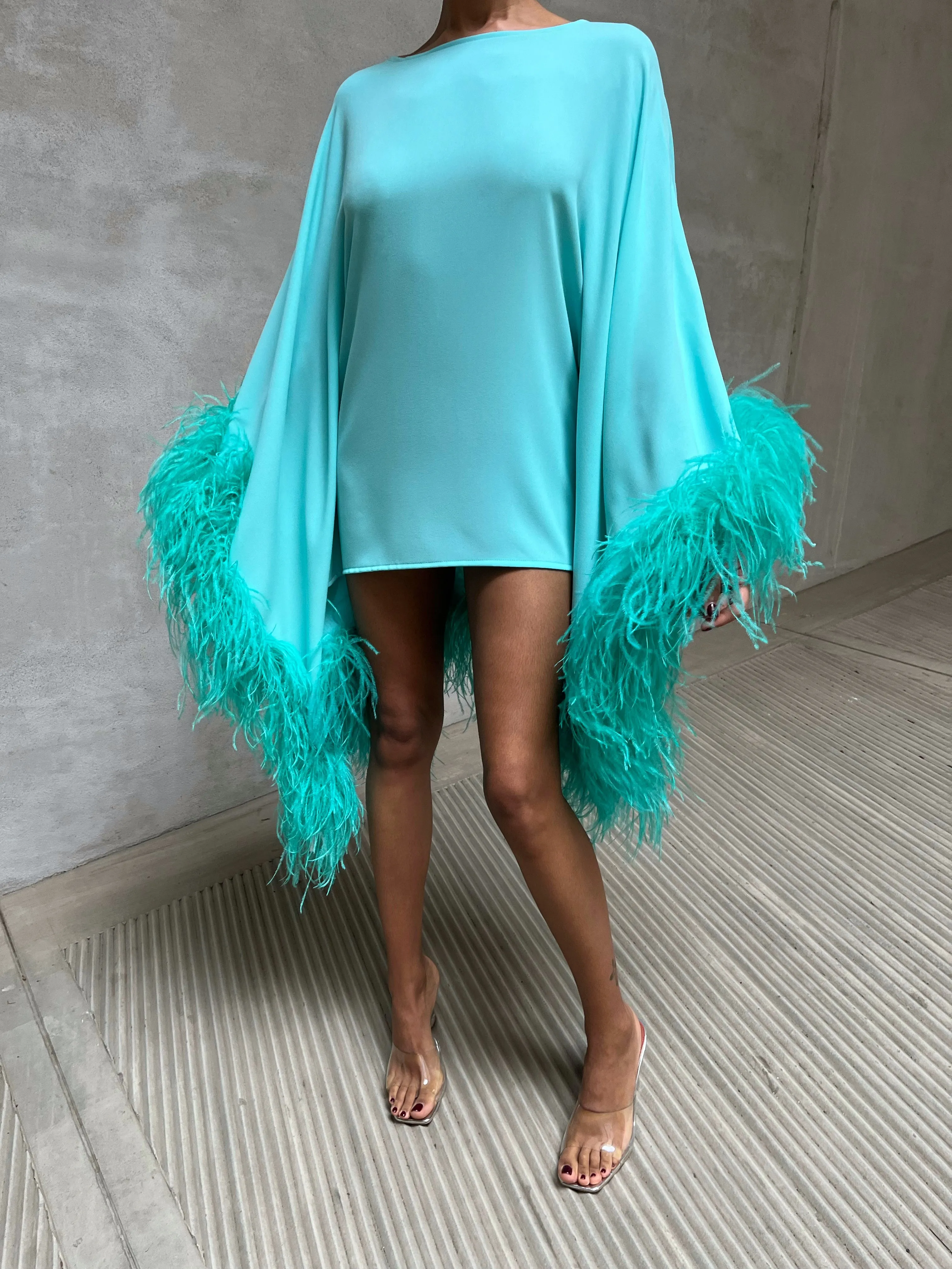 Aqua Feather Trimmed Kaftan