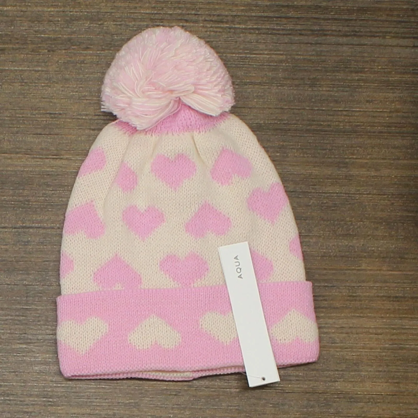 Aqua Womens Heart Jacquard Cuffed Beanie Pom Pom Hat