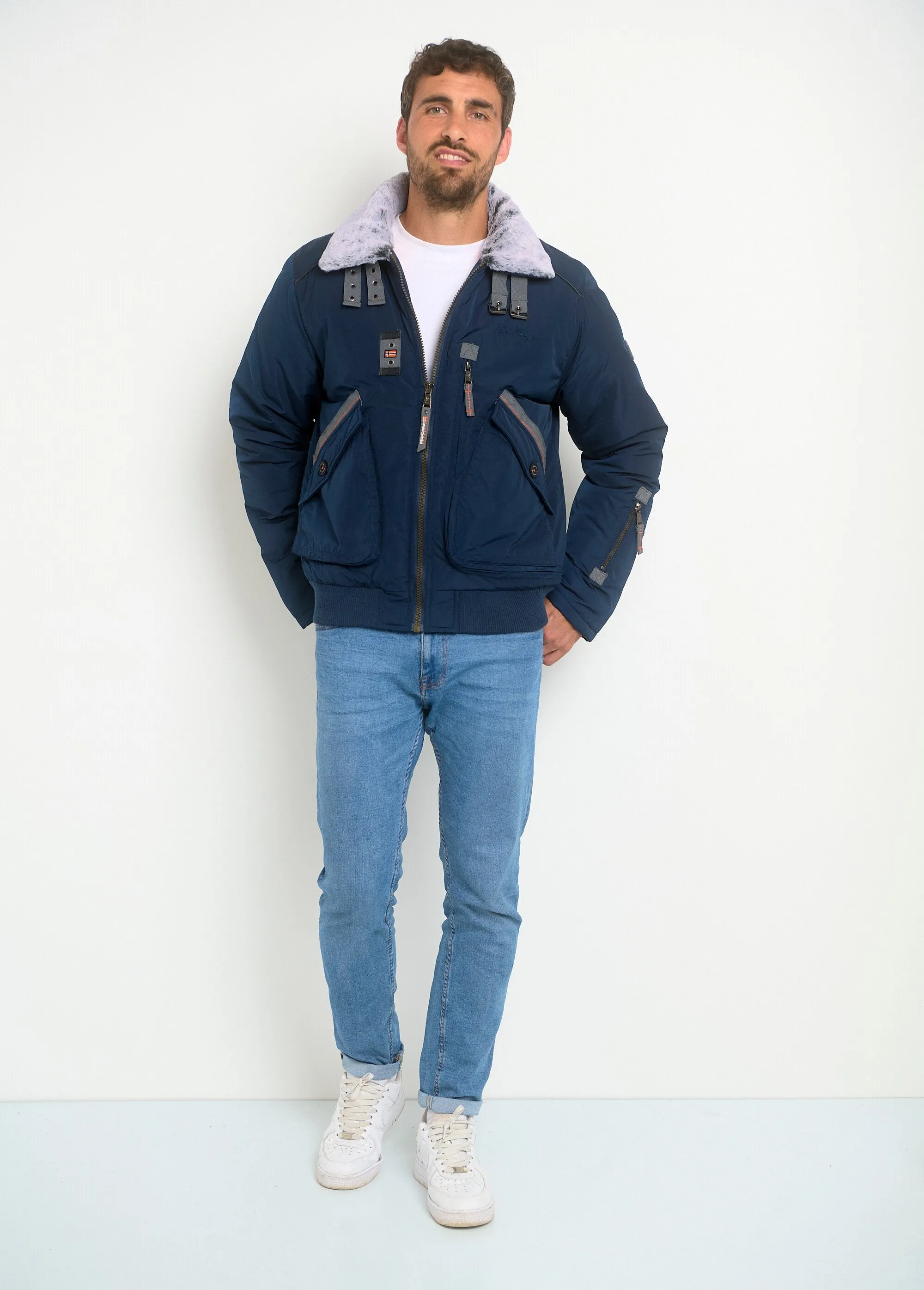 Aviator-style jacket with fur-lined stand-up collar