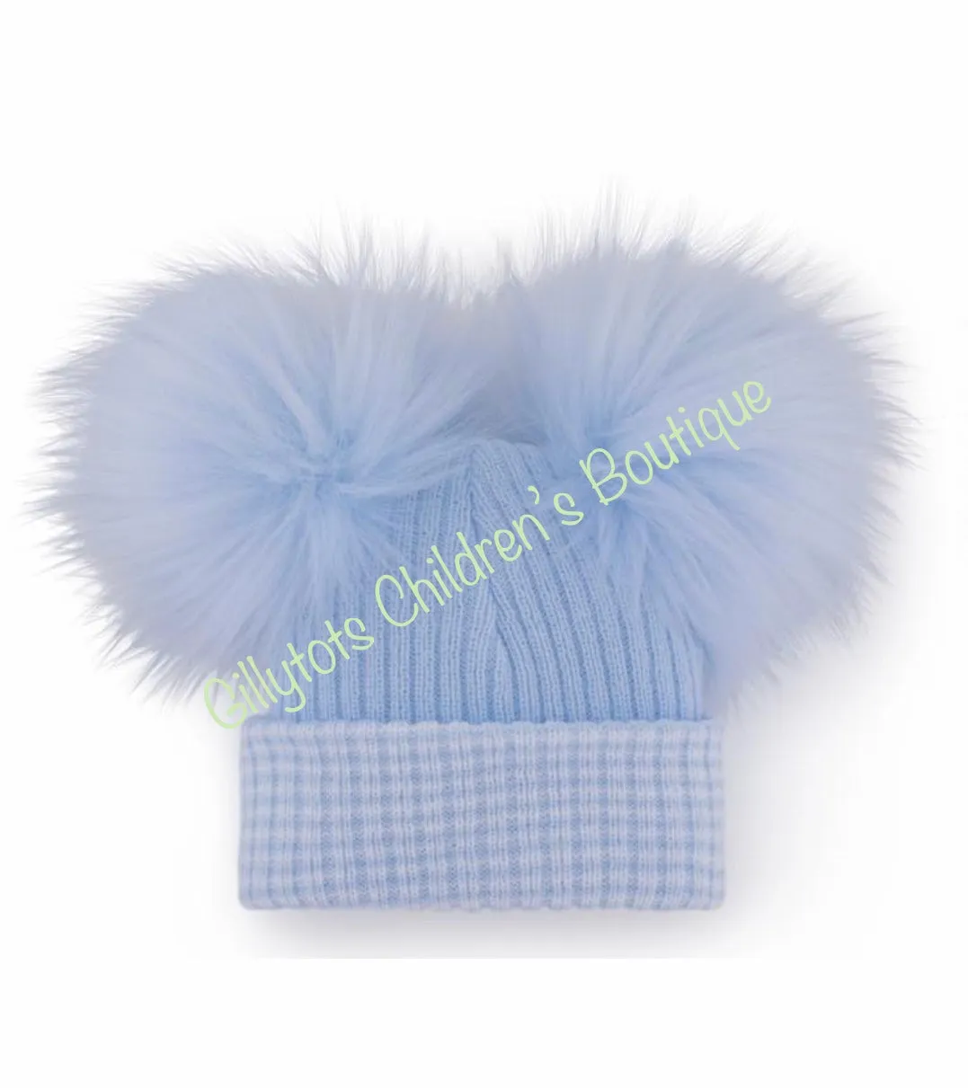 Baby Boys  blue/blue trim First Size luxury Faux Fur Double Pom Hat
