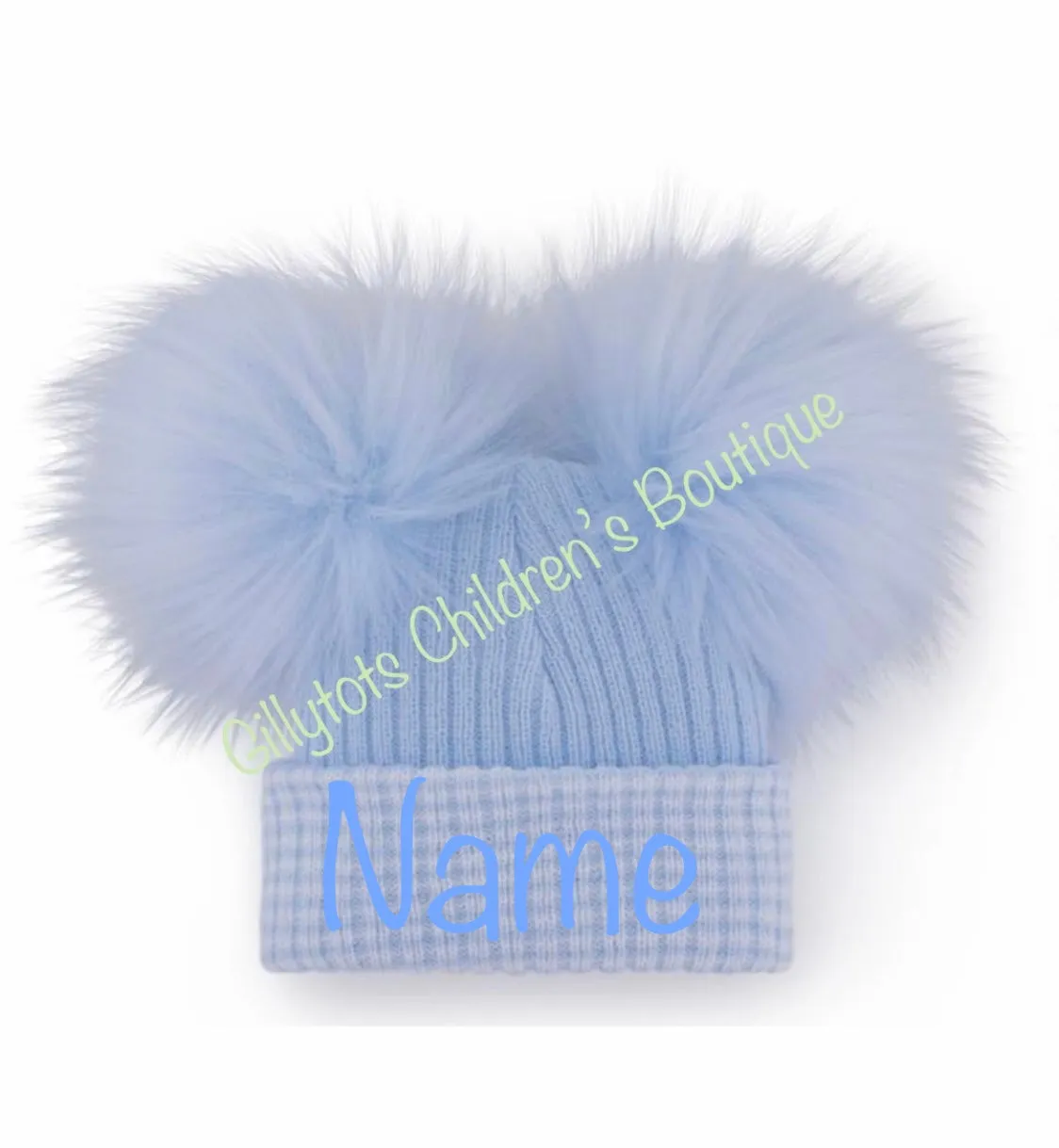 Baby Boys  blue/blue trim First Size luxury Faux Fur Double Pom Hat
