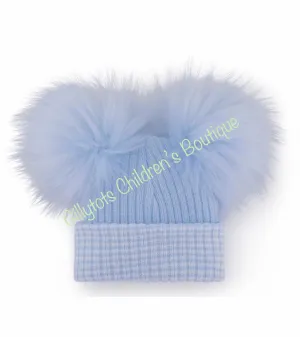 Baby Boys  blue/blue trim First Size luxury Faux Fur Double Pom Hat