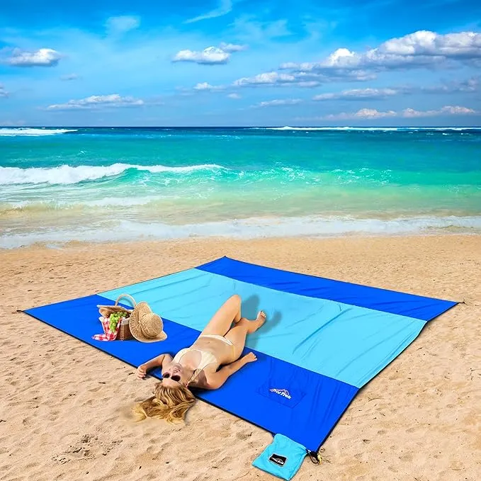 Beach Blanket Sandproof, Extra Large Beach Mat, Sand Free Mat Quick Drying, Lightweight, Soft & Durable Mat for Beach, Yard (Blue & Sky Blue, 6.6 x 6.6 FT (1～4 Person))